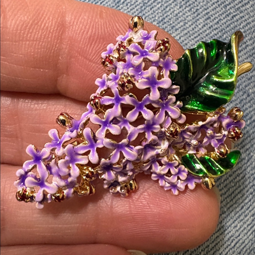 Lilac Flower Enamel Brooch with rhinestone Accents